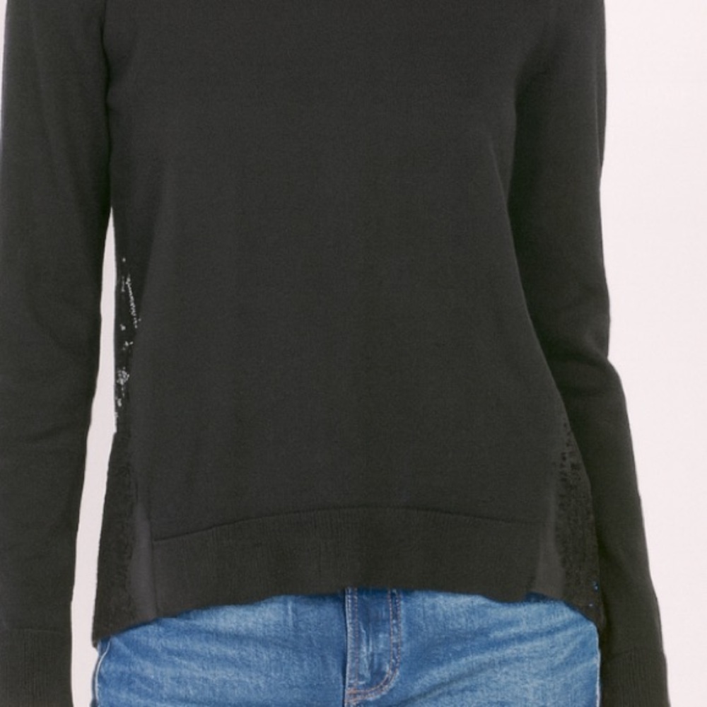Sandro Paris -Black Merino Wool Knit Sweater with Lace Hem Inserts